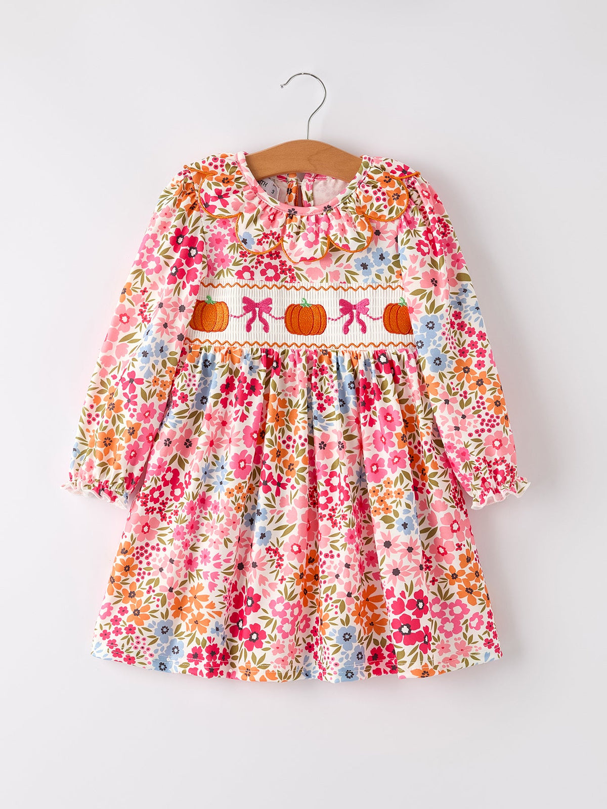 Fall Halloween & Thanksgiving Pumpkin Bow Smock Embroidered Floral Dress
