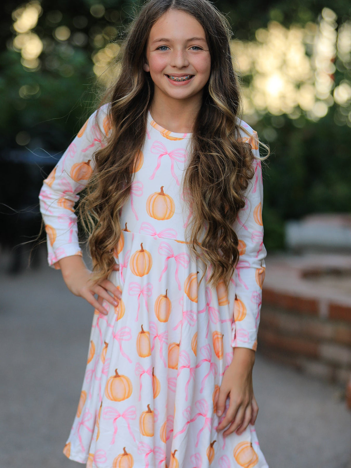 PREORDER Fall Halloween & Thanksgiving Pumpkin Bow Print Long Sleeve Dress