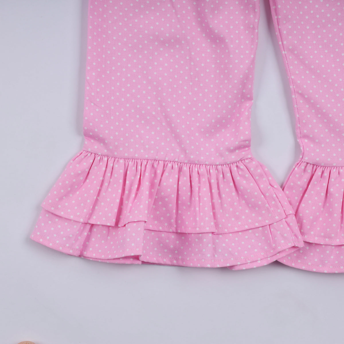 Pink character hand smocked dot ruffle pants set
