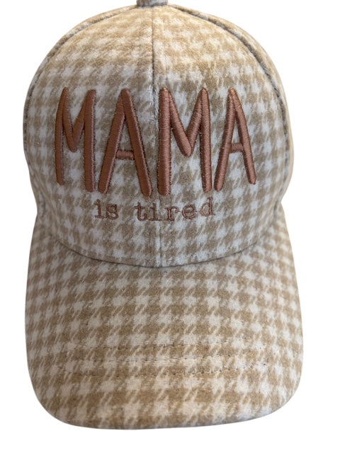 “MAMA is Tired” Embroidered Women’s Hat – Houndstooth Adjustable Mom Cap