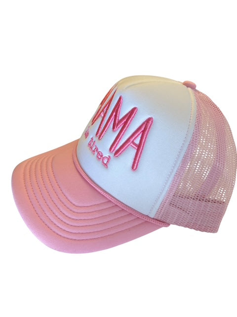 “MAMA is Tired” Embroidered Pink Trucker Hat – Funny Mom Hat | Adjustable Mesh Snapback Cap