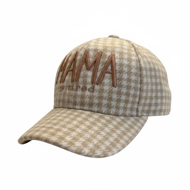 “MAMA is Tired” Embroidered Women’s Hat – Houndstooth Adjustable Mom Cap